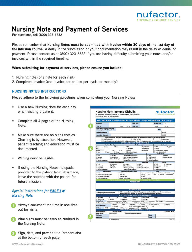 Nufactor nursing note and payment of services
