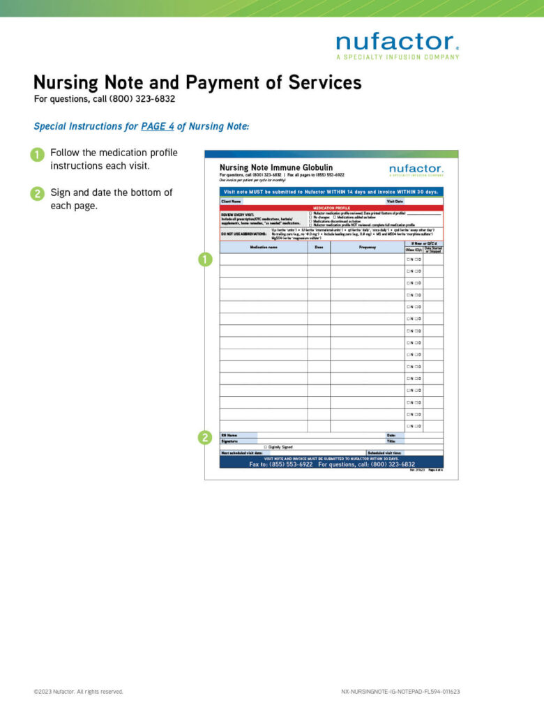 Nufactor nursing note and payment of services