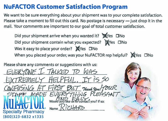 Handwritten Nufactor patient testimonial