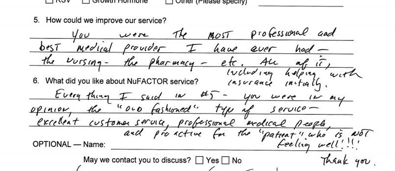 Handwritten Nufactor patient testimonial